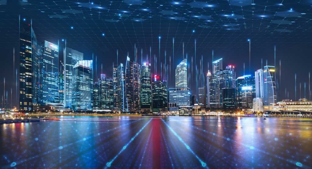 Smart city dot point connect with gradient grid line, connection technology metaverse concept. Night city banner with big data.