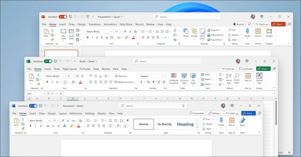 top of app windows for powerpoint excel word in office 2024