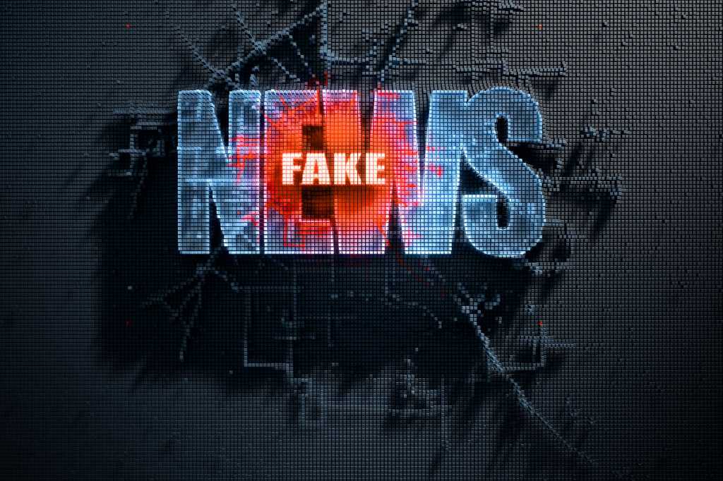 FAKE NEWS  >  Small cubes / pixels build the word 'NEWS' with a 'FAKE' inset. [disinformation]
