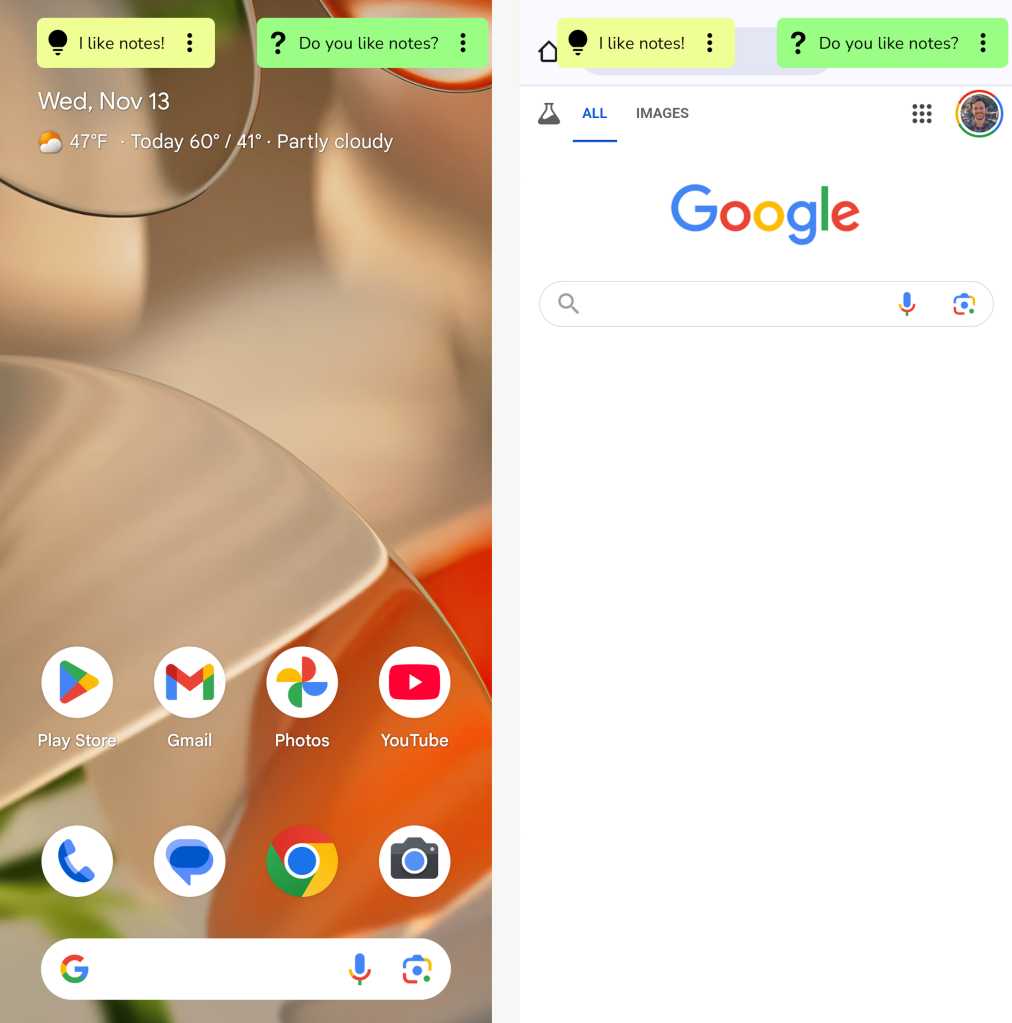 Android floating note app: Home screen, Chrome