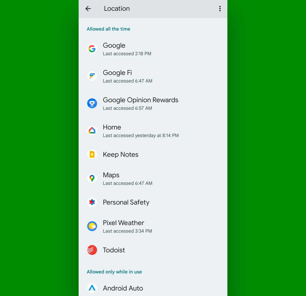 Android security settings: Location permission list