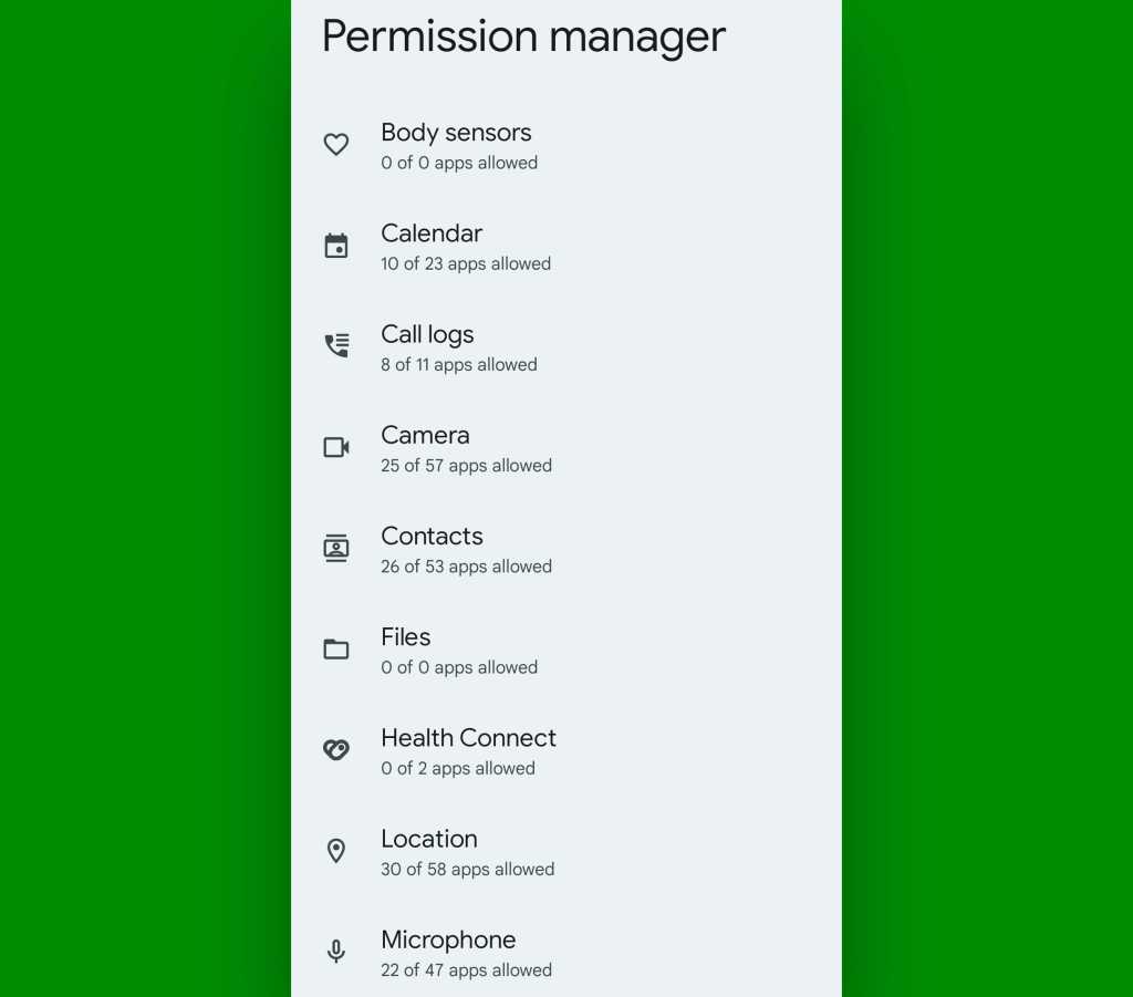 Android security settings: Permission manager