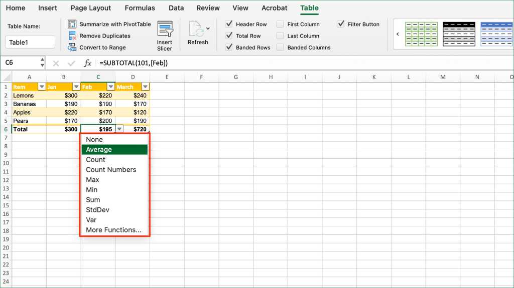 excel table with total row showing function dropdown