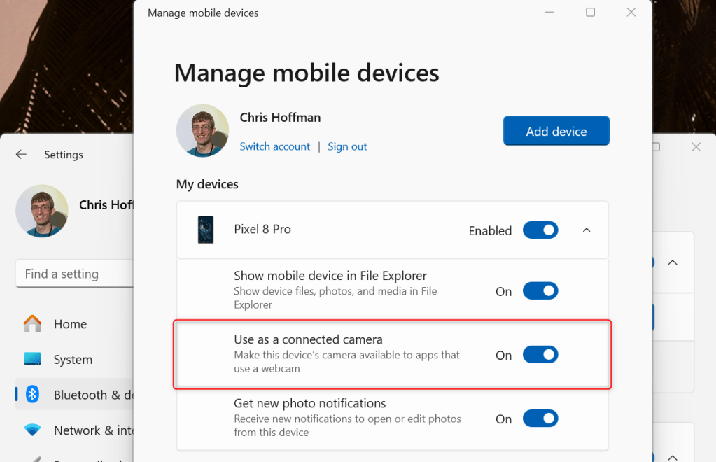 Windows 11 use as connected camera option