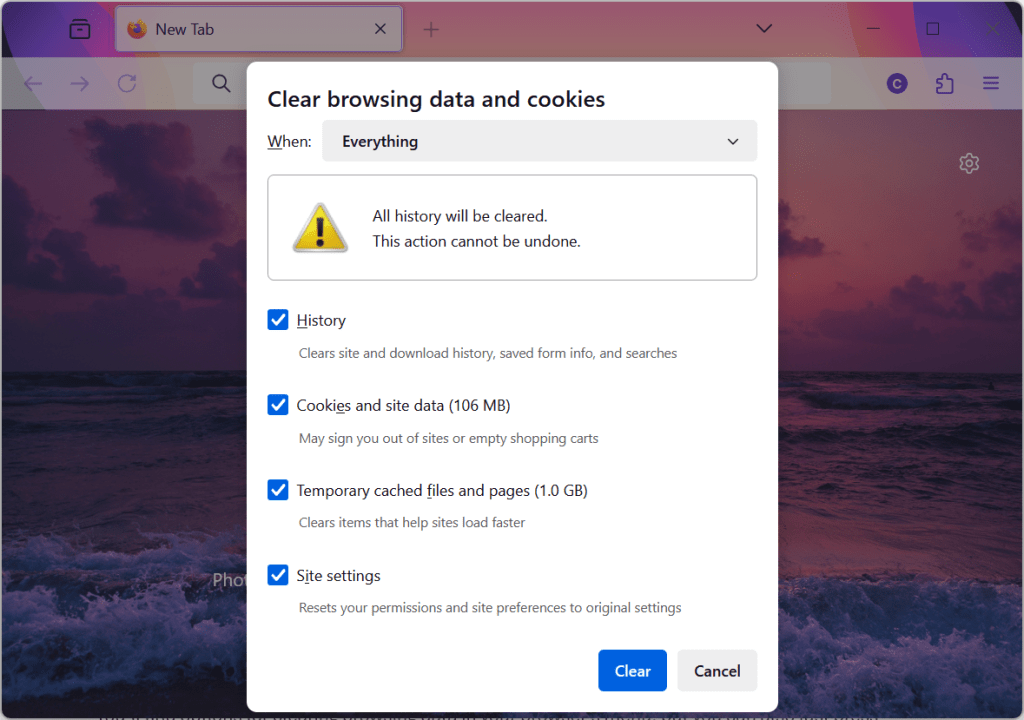 Firefox clear browsing data