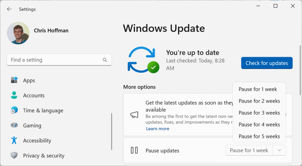 Windows Update: Pause updates