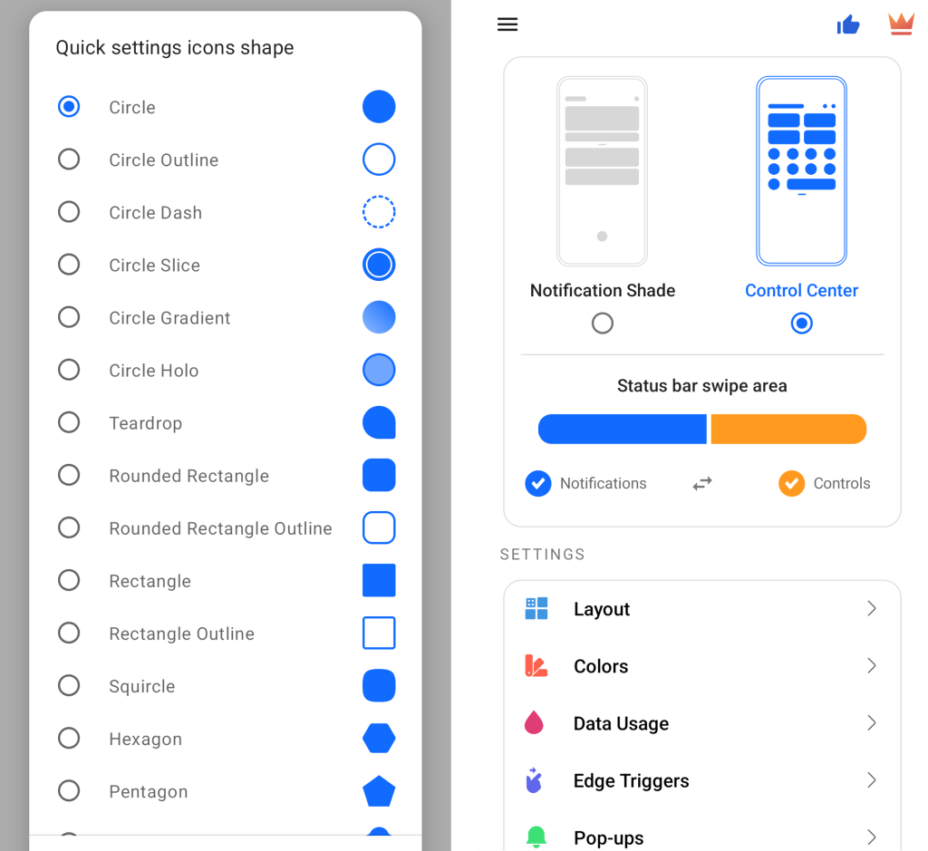 Android Quick Settings customize: Mi Control Center options