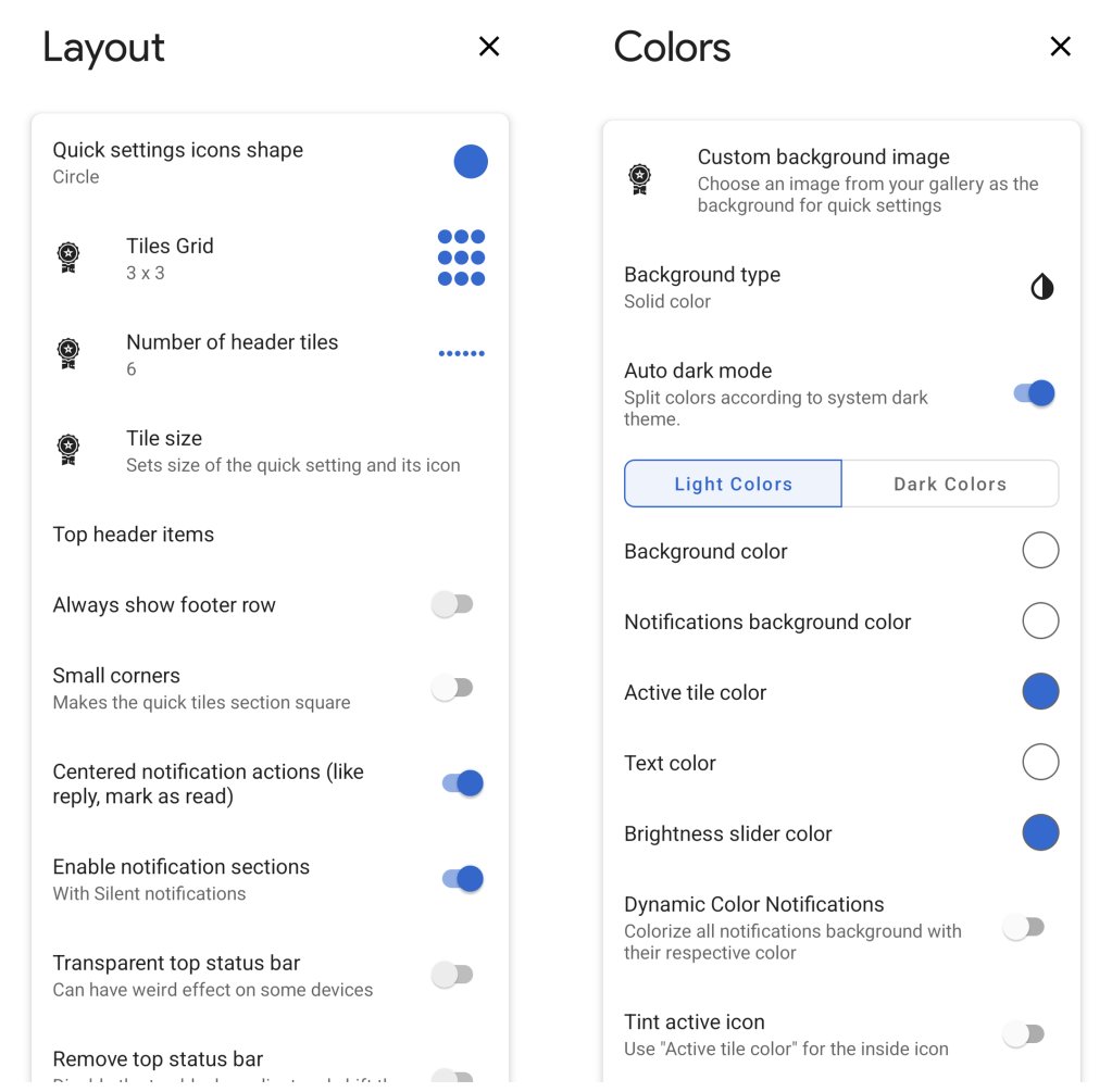 Android Quick Settings customize: Power Shade options