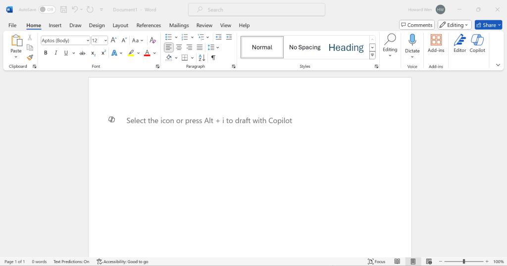 blank word doc with copilot icon in left margin