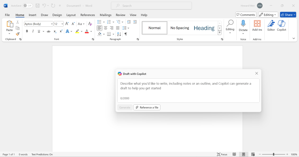 draft with copilot panel in microsoft word