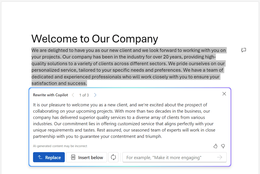rewritten text in rewrite with copilot pane in word