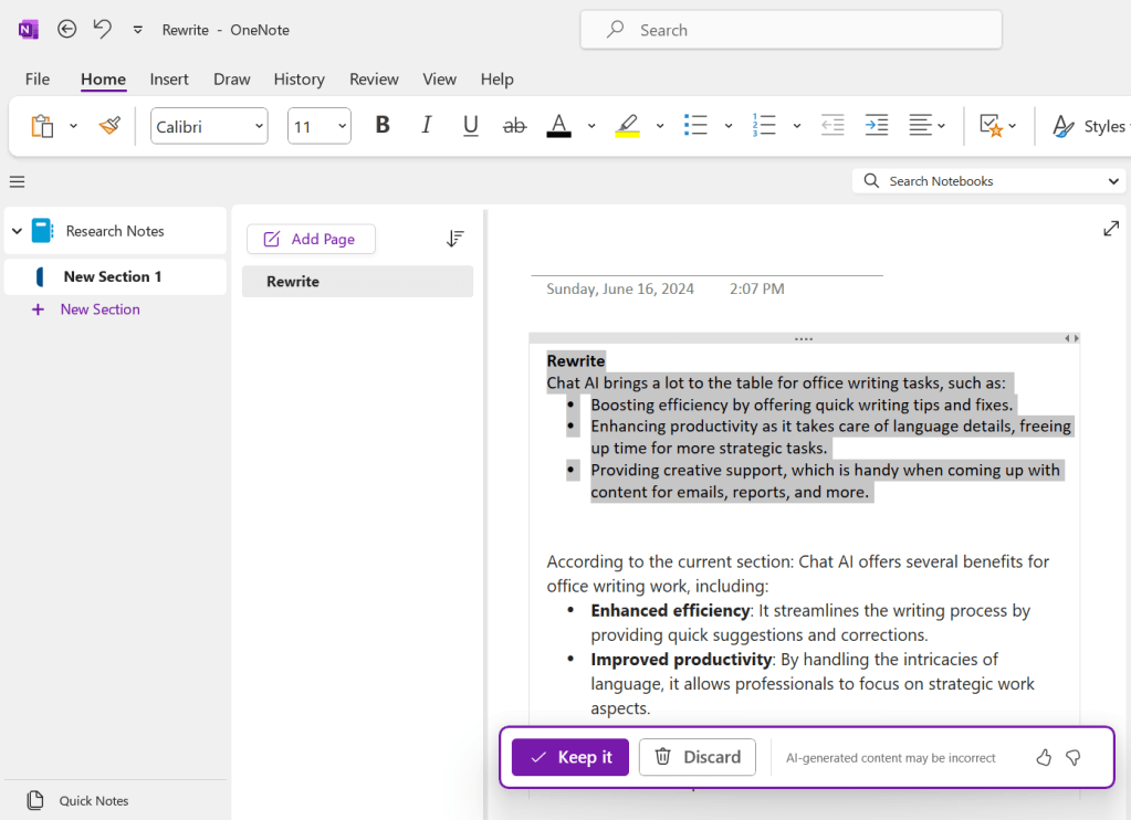 onenote with copilot rewritten text