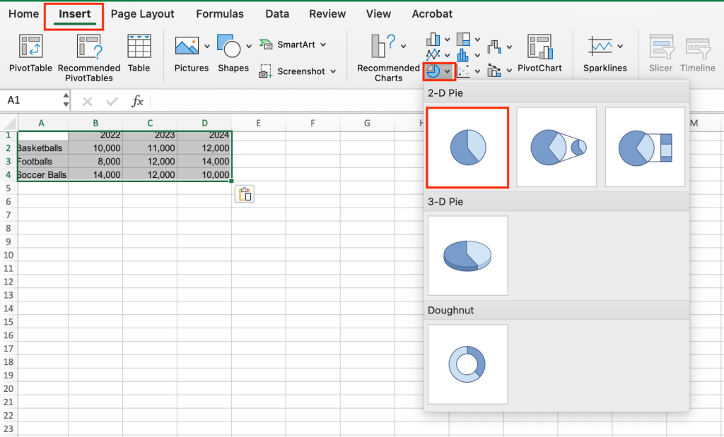 inserting a 2-d pie chart in excel