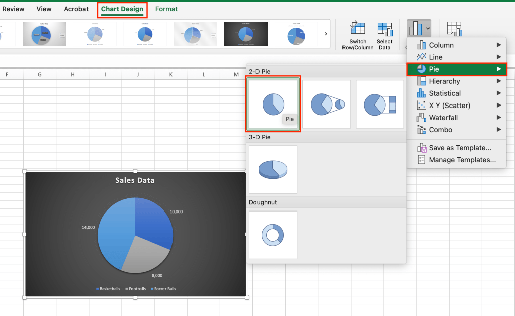 changing the chart type to a 2d pie chart