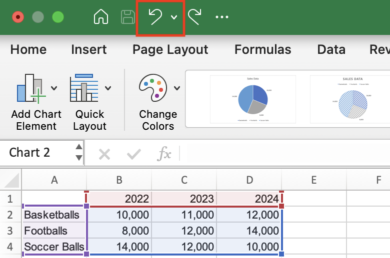 using the undo button at the top of the excel window