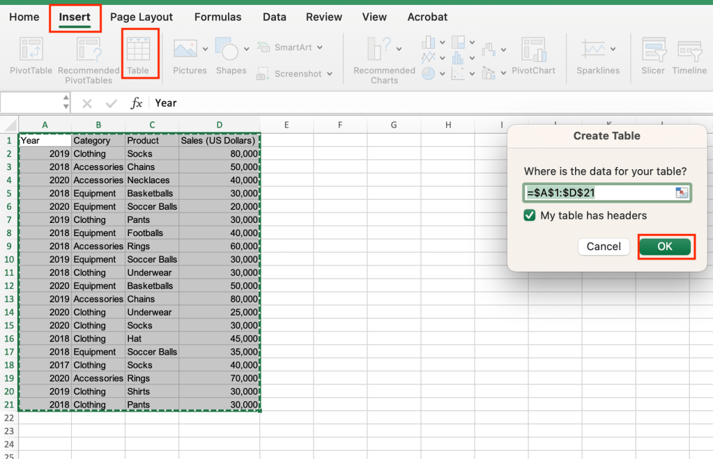 creating a table in excel