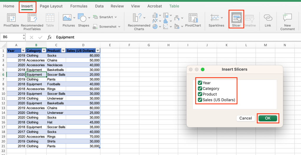 insert slicer dialog in excel