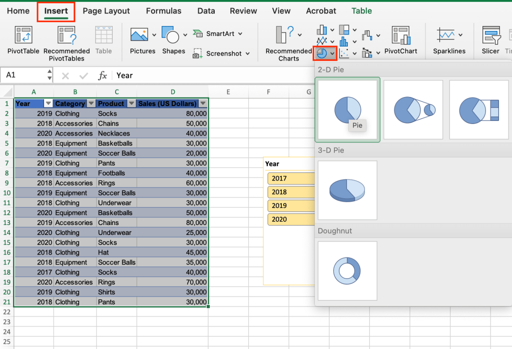 inserting a 2d pie chart in excel