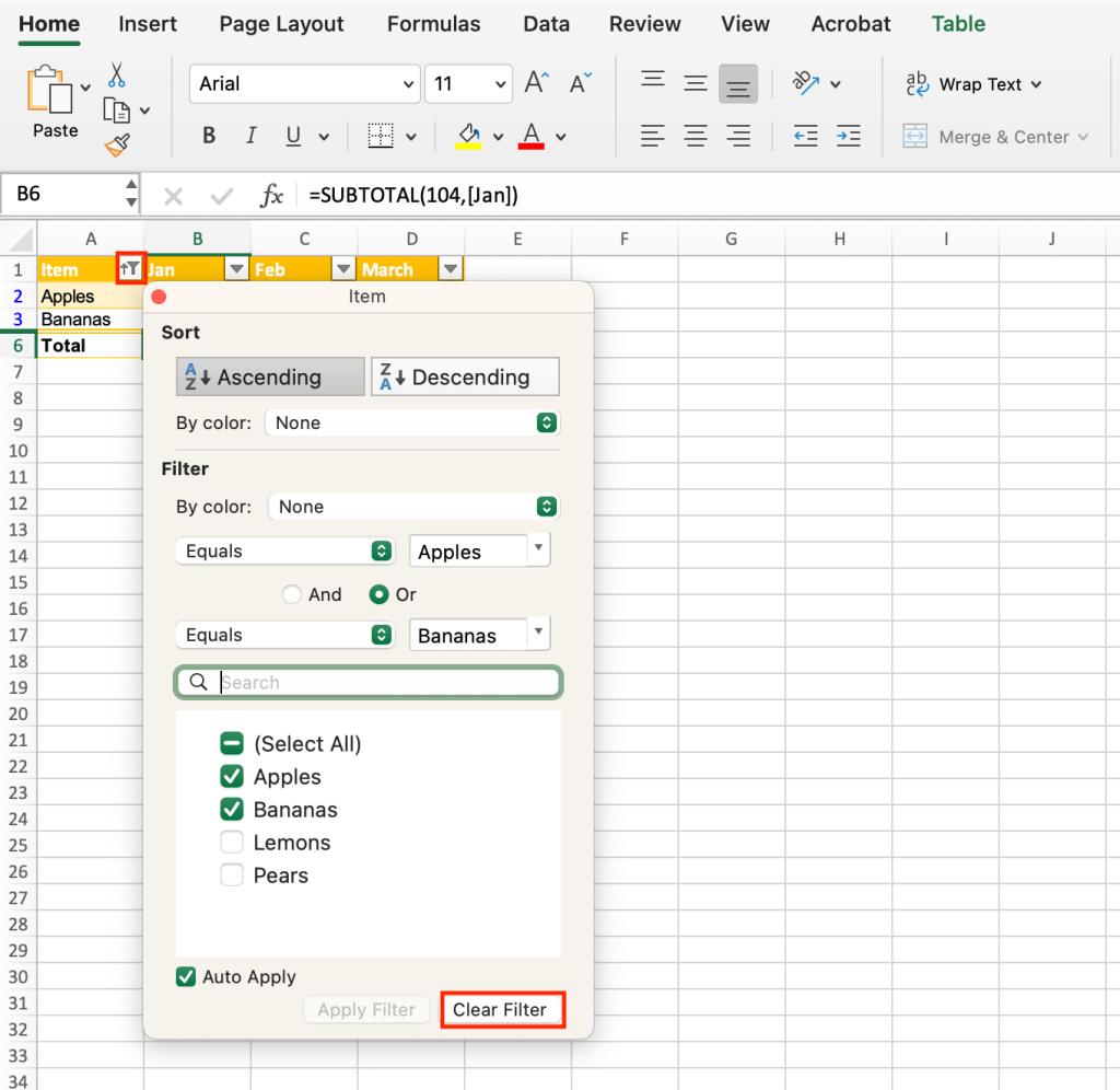 clearing the filters to restore the full table data