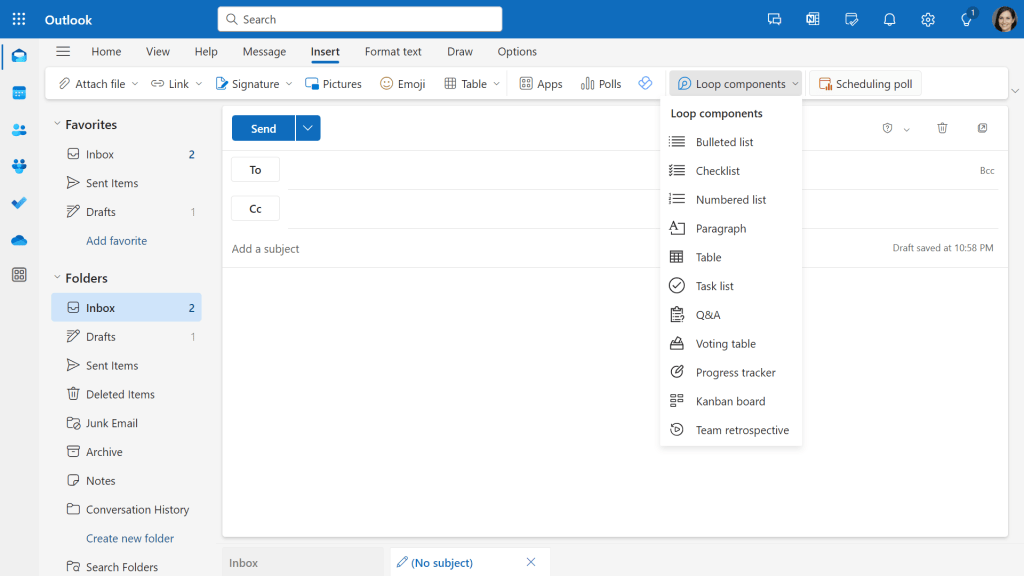 inserting a loop component in outlook