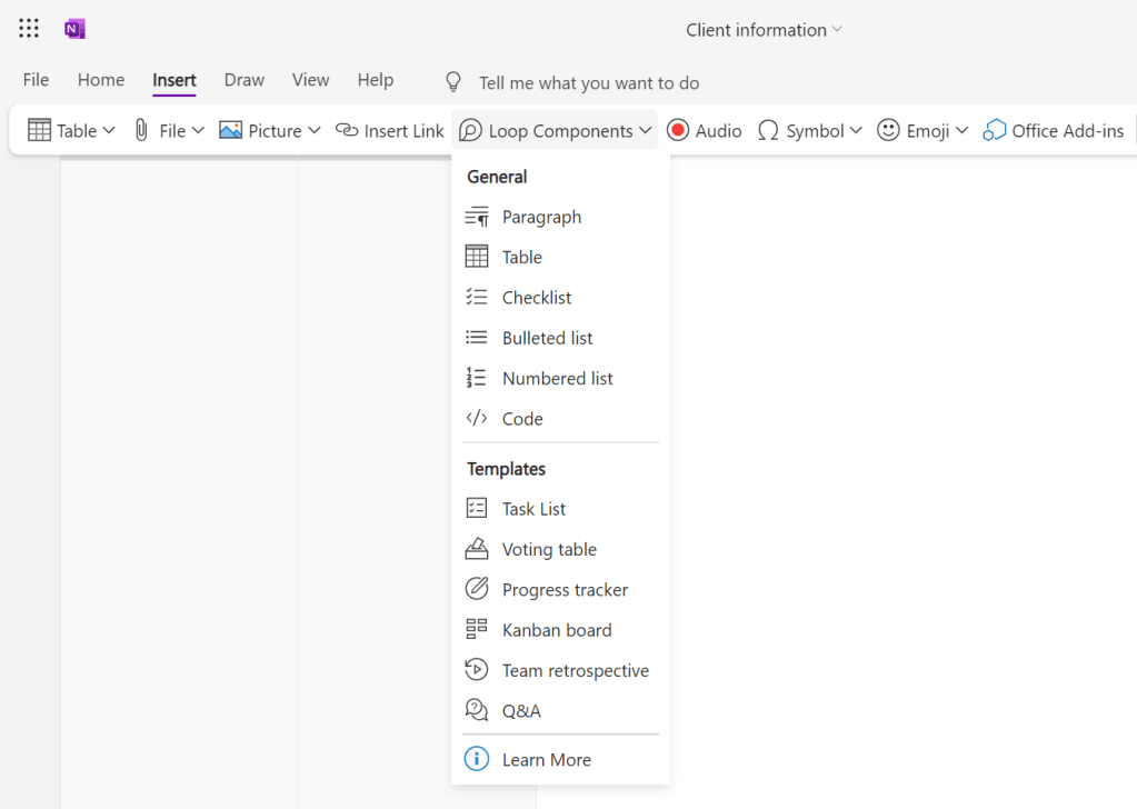 inserting a loop component in onenote