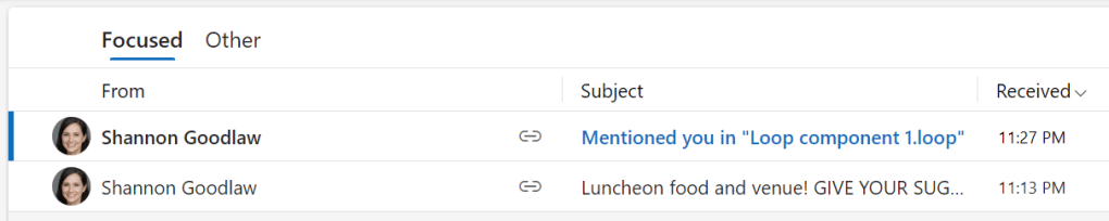 an outlook message notifying of an at-mention in a loop component