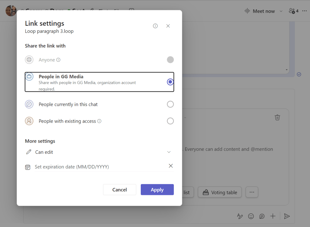 changing the sharing settings for a component