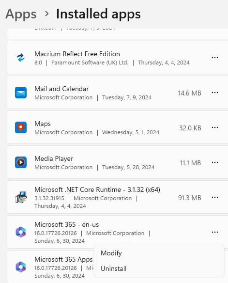 windows installed apps list