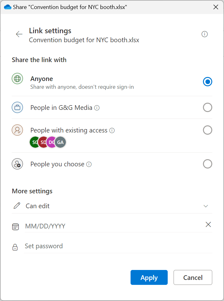 onedrive link settings pane