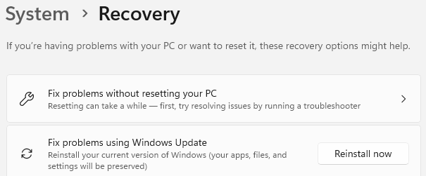 windows 11 reinstall now button in system settings