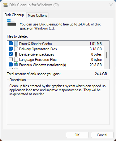 disk cleaner utility in windows 11 says it can clean up 24.4GB disk space